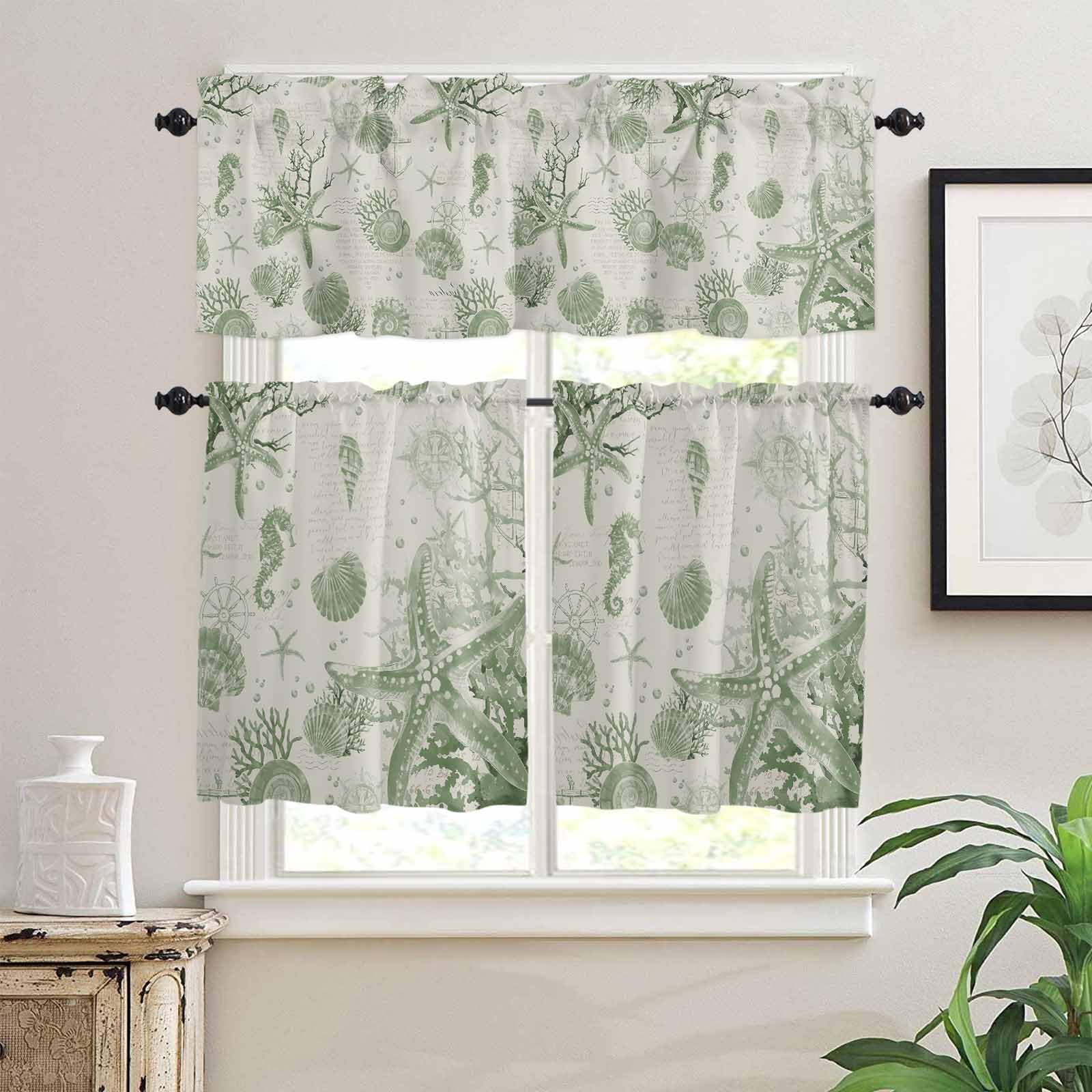 Sage Green Starfish Kitchen Curtains 36 Inch Length, 3 Piece Rod Pocket Small Half Tiers and Valance Set, Coastal Nautical Seahorse Conch Small Large Window Treatment Decor for Bedroom/Bathroom Sink