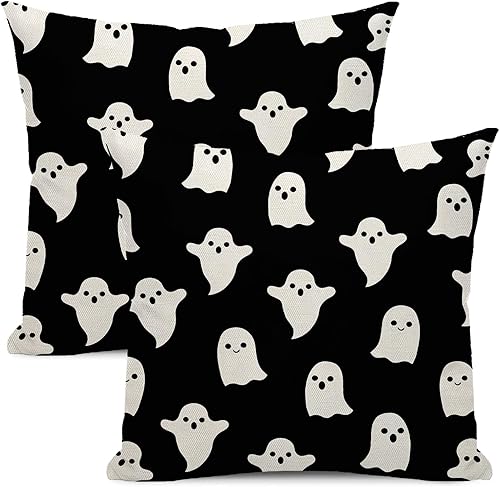 Juego de 2 fundas de almohada decorativas de Halloween de 16 x 16 pulgadas, juego de 2 bonitas fundas de almohada de fantasma negro para decoración