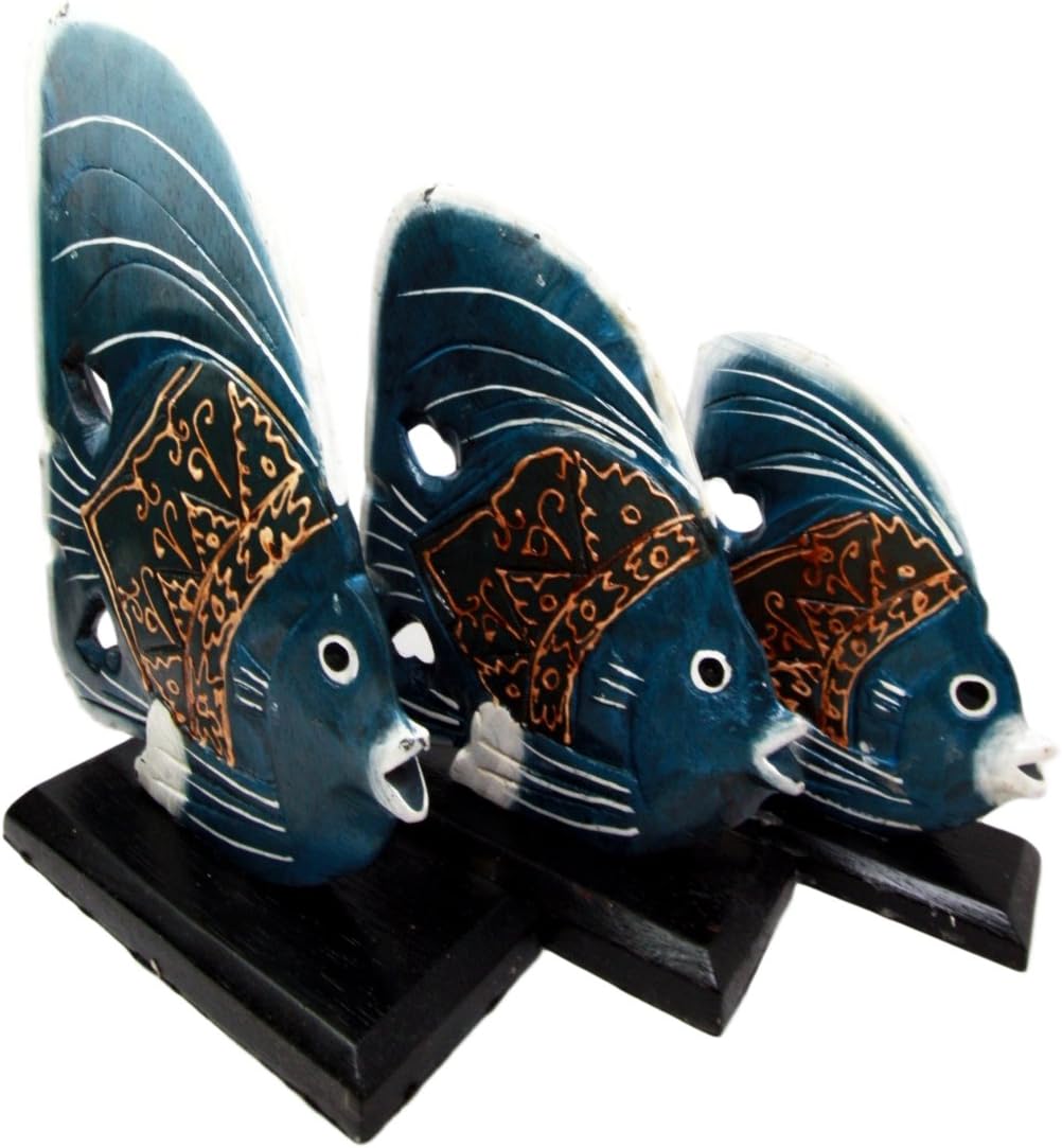Hand Made Wood Artisans "Ikan Teluk" Blue Tropical River Angel Fish Family Set of 3 Decorative Figurines 10.5"H