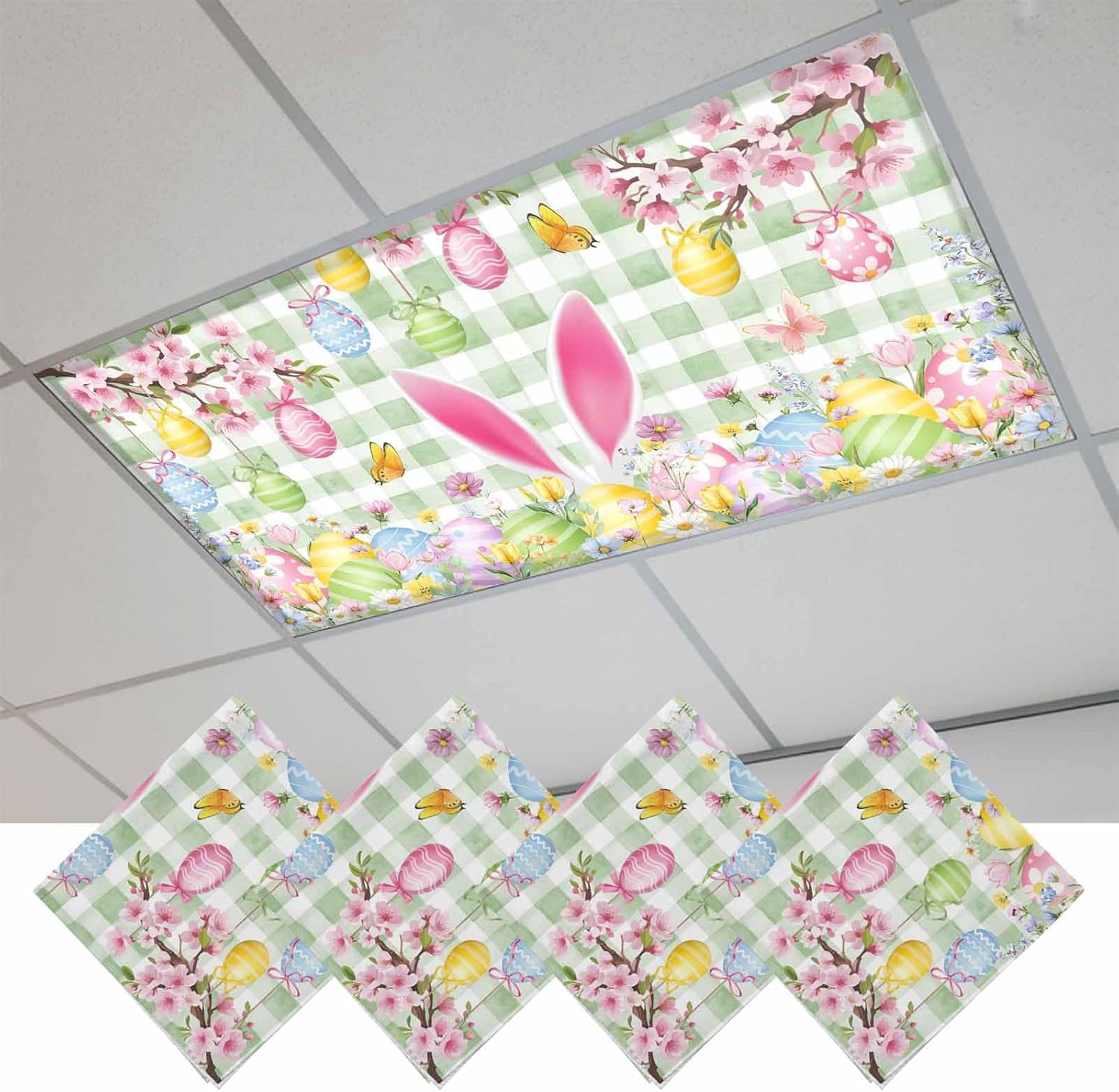 2x4 ft Fluorescent Light Cover for Ceiling Easter Egg Rabbit Spring Flower Magnetic Light Filters, Pastoral Plant Green Plaid Ceiling Lampshades for Home School Office 4Pcs