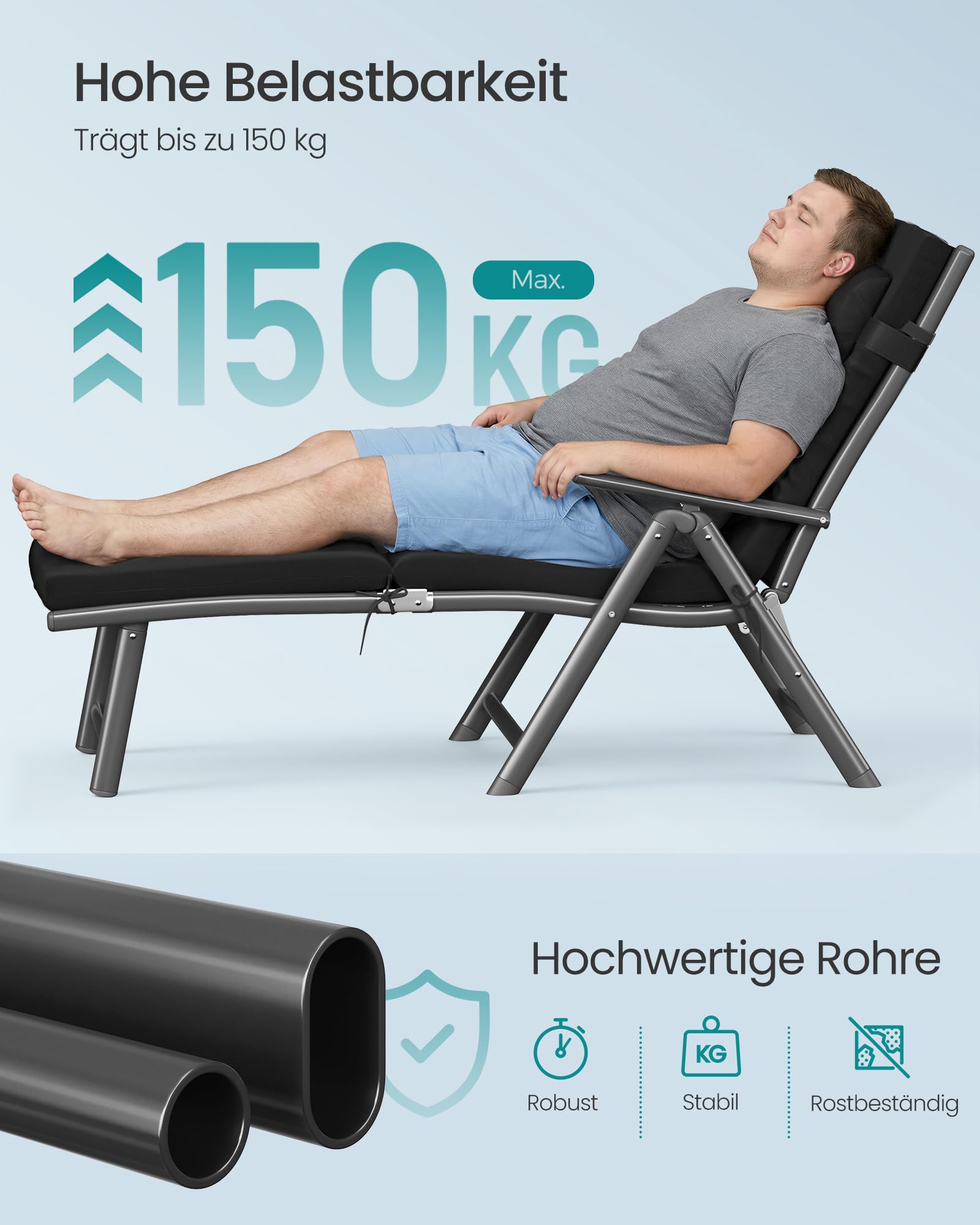 SONGMICS Sonnenliege, klappbar, Liegestuhl mit 6 cm dickem Polster, abnehmbares Kopfkissen, atmungsaktiv, einstellbare Rückenlehne, bis 150 kg belastbar, schwarz GCB24BK