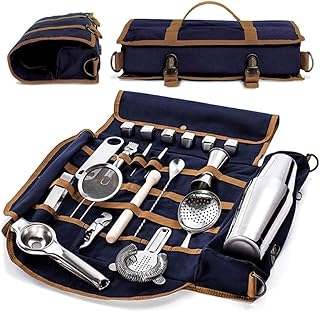 カクテルセット lisBaby カクテルシェーカーセット バーセットロールバッグ ワックス キャンバスバッグ 携帯用ストラップ 初心者向け 自宅 洗いやすい バーテンダーツールキット ポータブル 持ち運びに便利 パーティー 誕生日 記念日 贈り物 家庭用 職場用 (ブルー)