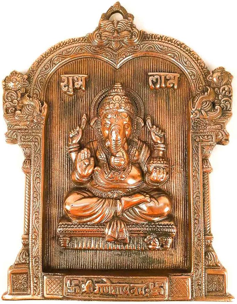 Apka Mart The Online Shop Handcrafted Lord Ganesh Metal Wall Hanging with Shubh Labh Metal (Copper |13 Inch) Religious Figurine for Spiritual Home Décor