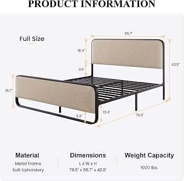 SHA CERLIN Full Size Metal Bed Frame with Upholstered Headboard, Beige