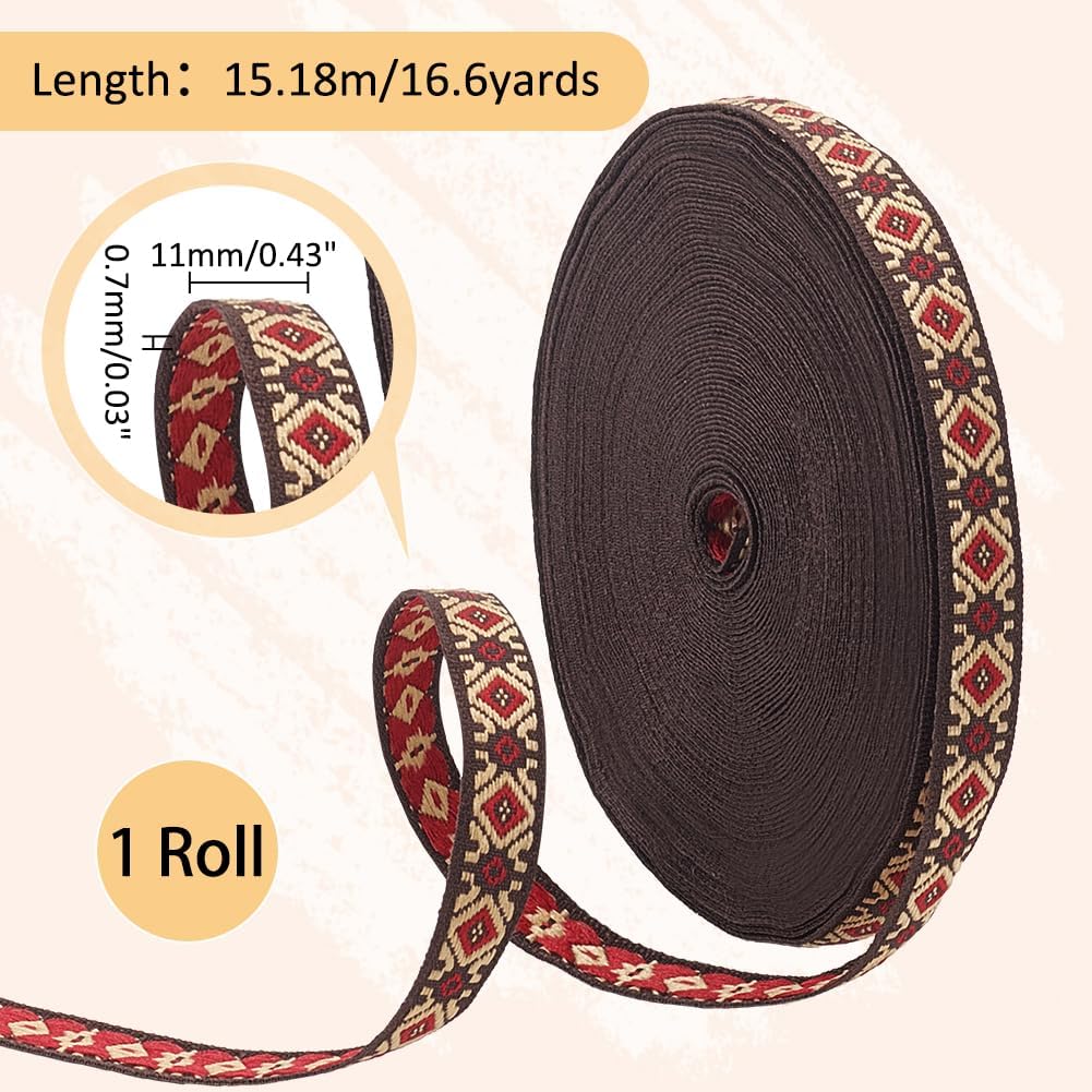 PH PandaHall 16.6 Yards Embroidered Ribbon, 0.43inch Rhombus Ethnic Jacquard Polyester Ribbon Vintage Ribbons Fabric Trim Retro Straps for Sewing Crafting Home Decor DIY Clothing Accessories