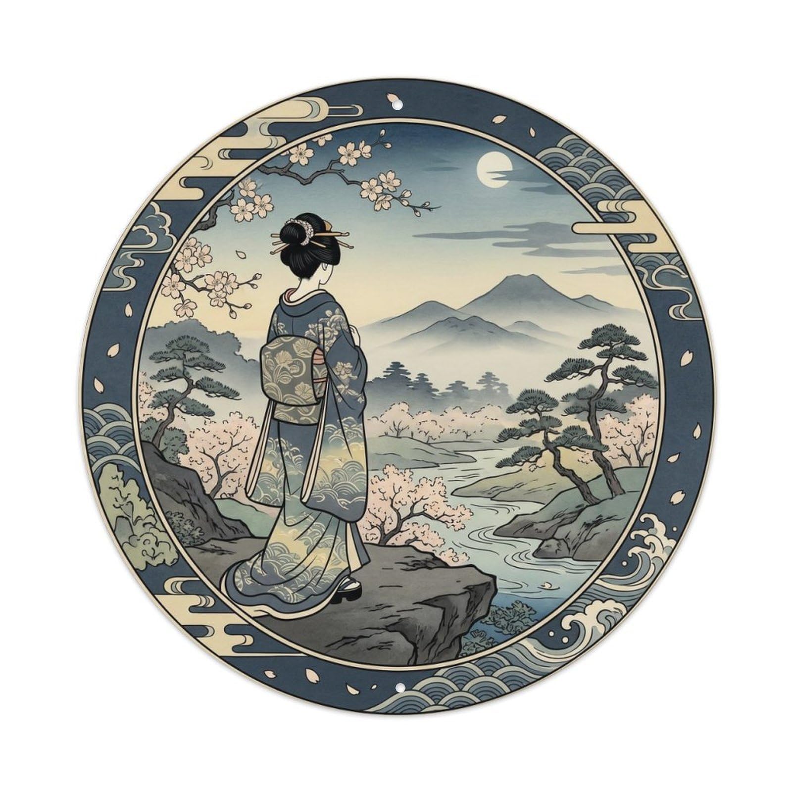 Galvaxio Style Japanese Kimono Woman Gazing Scenery With Longing Metal Tin Sign