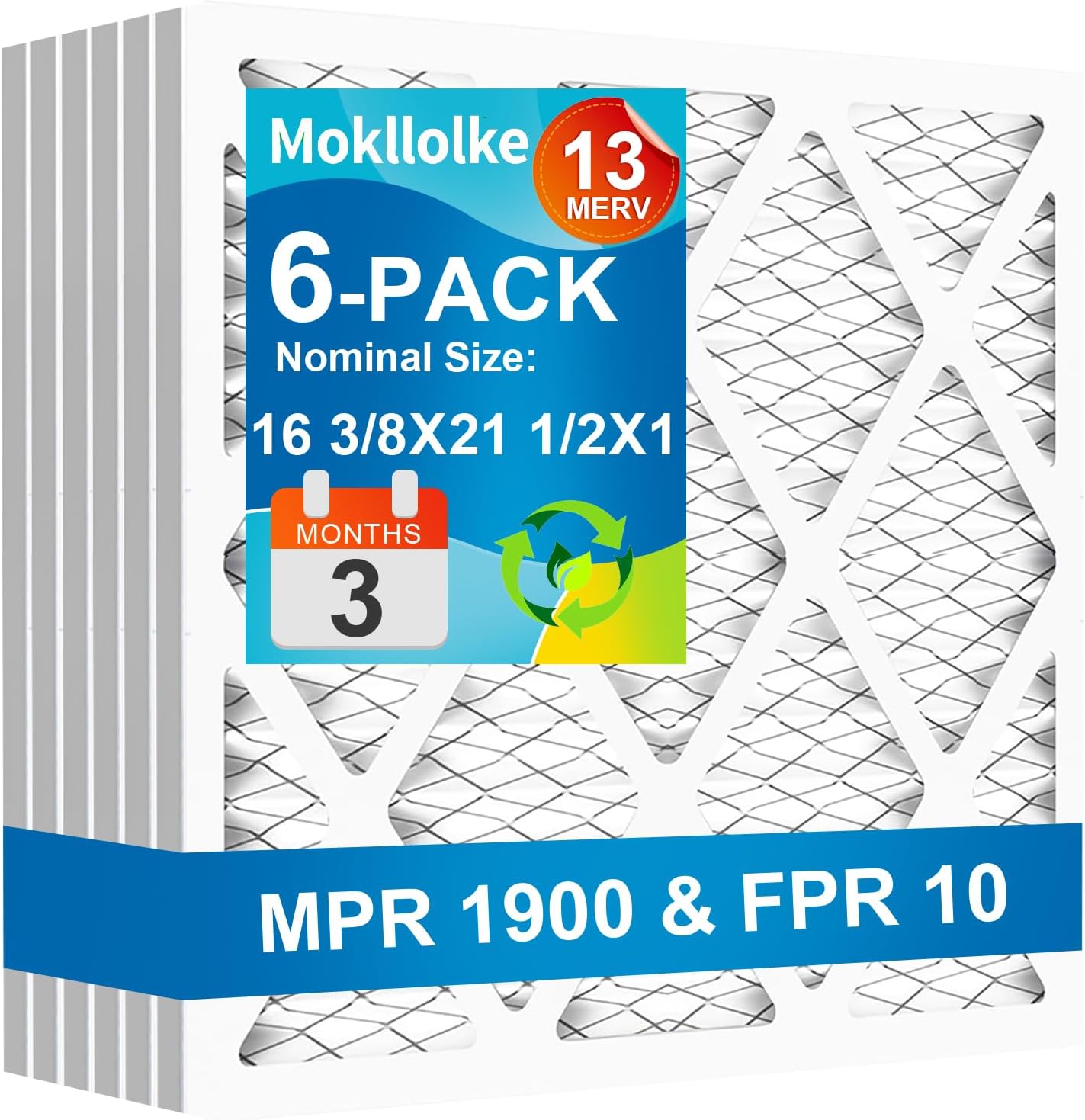 16 3/8x21 1/2x1 (6 Pack) Air Filter, MPR 1900 & FPR 10, MERV 13 Pleated Air Filter (Actual Size: 16 3/8x21 1/2x3/4 inch)