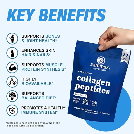 Zammex Collagen Peptides Powder, Unflavored Grass-Fed Type 1 & 3, 30 Sticks
