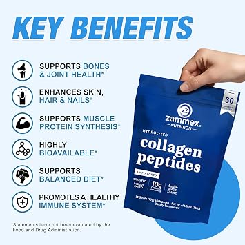 Zammex Collagen Peptides Powder, Unflavored Grass-Fed Type 1 & 3, 30 Sticks