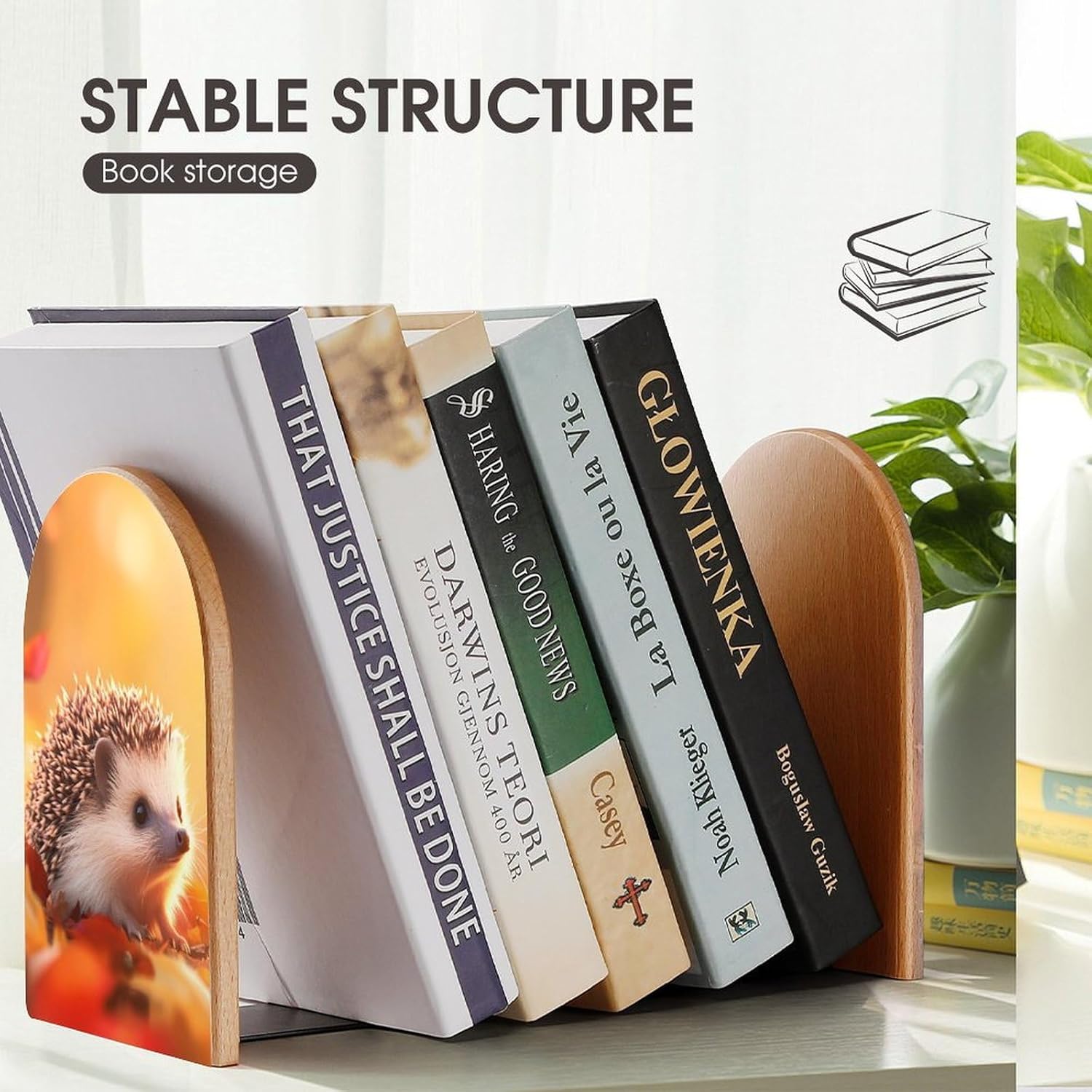 Cute Hedgehog Colorful Autumn Cute Wood Book Ends Decorative Bookends 1 Pair Non-Skid for Shelves Home Office 7 X 5 Inch