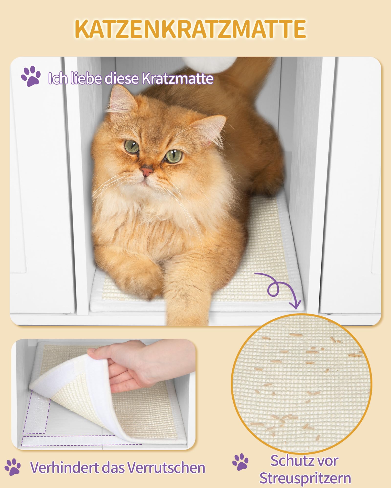 Hzuaneri Katzenschrank für 2 Katzen, Katzenklo Schrank, Katzenhaus Versteckt mit Doppelräumen, Mit Stauraum, Plüschbälle, Kann als Fernsehschrank, 140 x 48 x 62 cm, Weiß und Gold CB86513AV1