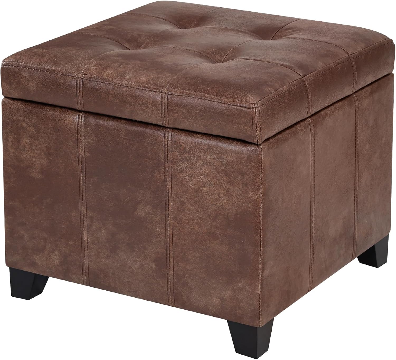 Adeco 18.8" Square Faux Leather Storage Ottoman with Wheels, Rolling Button-Tufted Footrest Stool with Hinged Lid for Living Room & Bedroom, Black