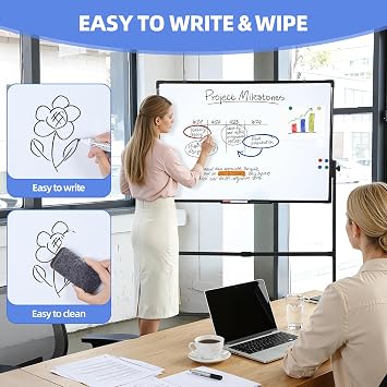 Rolling Whiteboard 28 W x 40 H, Double-Sided Magnetic Dry Erase Board with Stand, Height Adjustable 40 to 75, Portable Easel for Office, Classroom, Home (Silver)