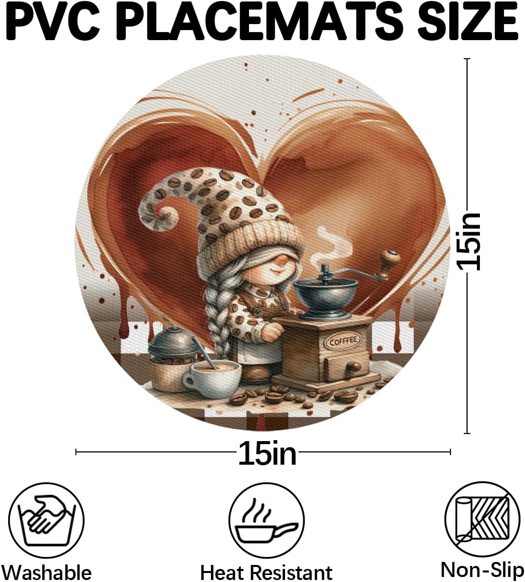 Wedge Placemats Set of 4 PVC Love Gnome Coffee Wedge Table Placemats and 1 Round Plates Mat Non-Slip Heat Resistant Washable Table Mats for Kitchen Dining Table Party Patio Decor