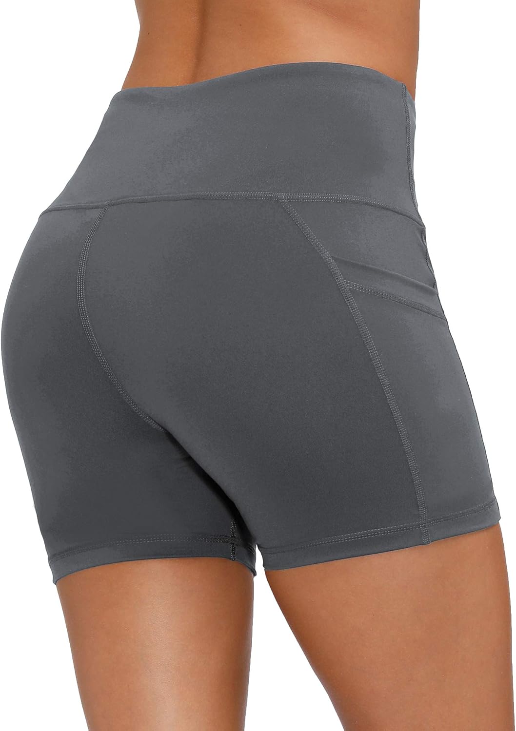 CQC Women's High Waist Yoga Shorts Compression Workout Running Bike Shorts Side Pockets Gray S