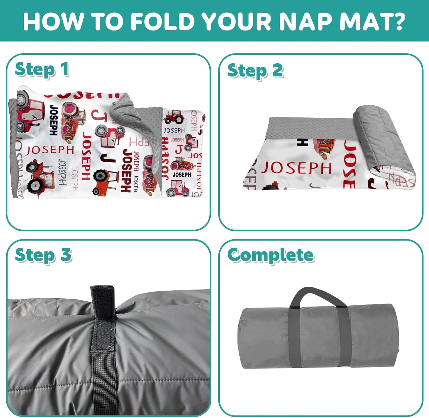 Custom Toddler Nap Mat for Preschool - Personalized Name Red Tractor Nap Mats for Daycare Kindergarten Toddler Boys, Sleeping Bag with Pillow Blanket Set, Thick Padded Easy Roll Up