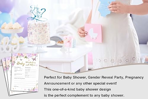 Miniatura 4 de Juego de baby shower para niñas, predicciones y consejos de bebé de mariposa morada para baby shower, decoración de fiestas de revelación de género,
