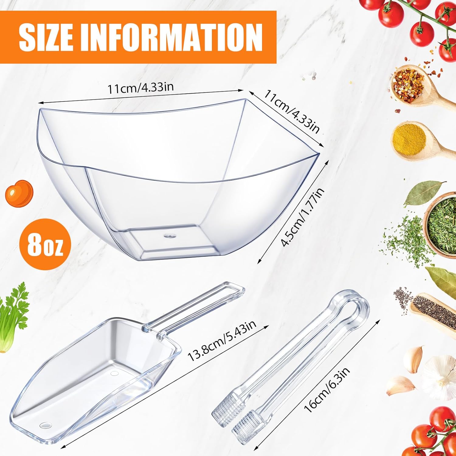 Vesici 48 Pcs 8 oz Clear Plastic Candy Bowls 24 Pcs with 12 Scoops and 12 Tongs Square Dessert Candy Bowl Buffet Containers Disposable Party Ice Cream Salad Dish for Serving Food Appetizers Supplies