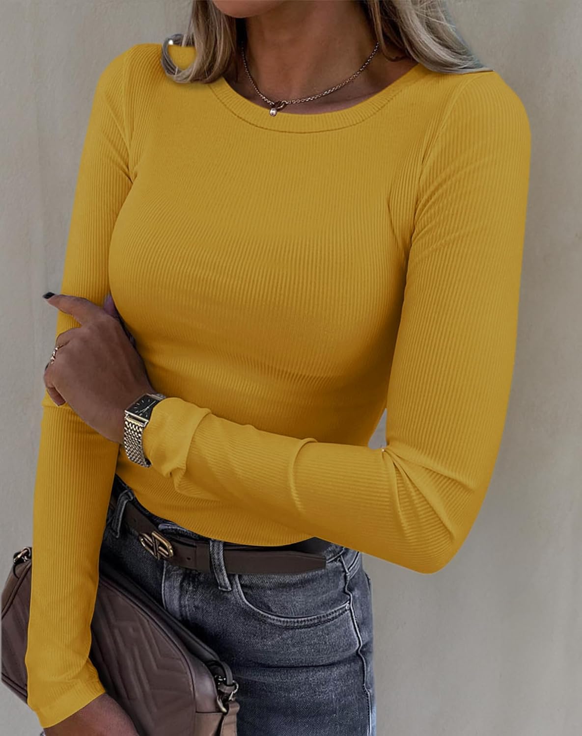 Roselux Womens Long Sleeve Stretch Crewneck Ribbed T-Shirt Fitted Casual Basic Tops - Image 7