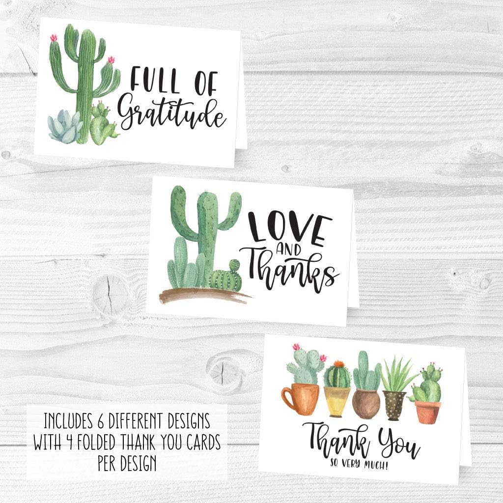 24 Succulent Cactus Thank You Cards With Envelopes, Great Note For Adult Funeral Sympathy or Gift Gratitude Supplies For Grad, Kid Birthday, Baby or Vintage Bridal Wedding Shower For Boy or Girl Child