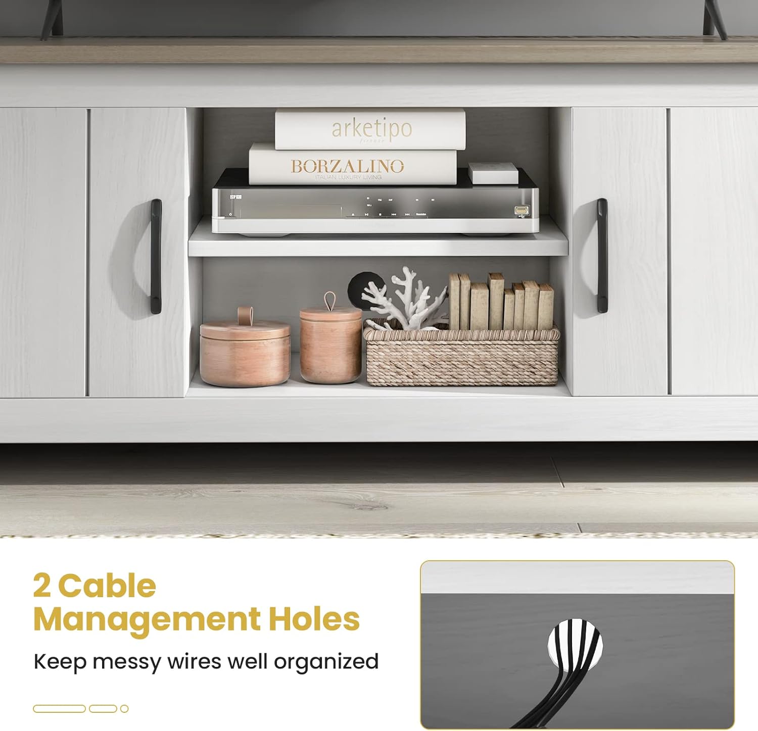 Tangkula 2 Doors TV Stand for TVs up to 65”, 57” Media Console Table w/ 2 Cabinets & Open Shelves, 2 Cable Management Holes. Wood Entertainment Center Cabinet for Living Room (White Oak) - Image 7