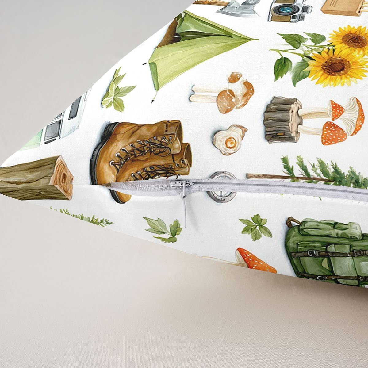 Erosebridal Camping Throw Pillow Covers 18x18 Set of 2 for Adults - Retro RV Camper Tent Cushion Cover Sunflowers Mushroom Throw Pillow Case for Couch Camping Accessories Wild Adventure Home Decor image 5