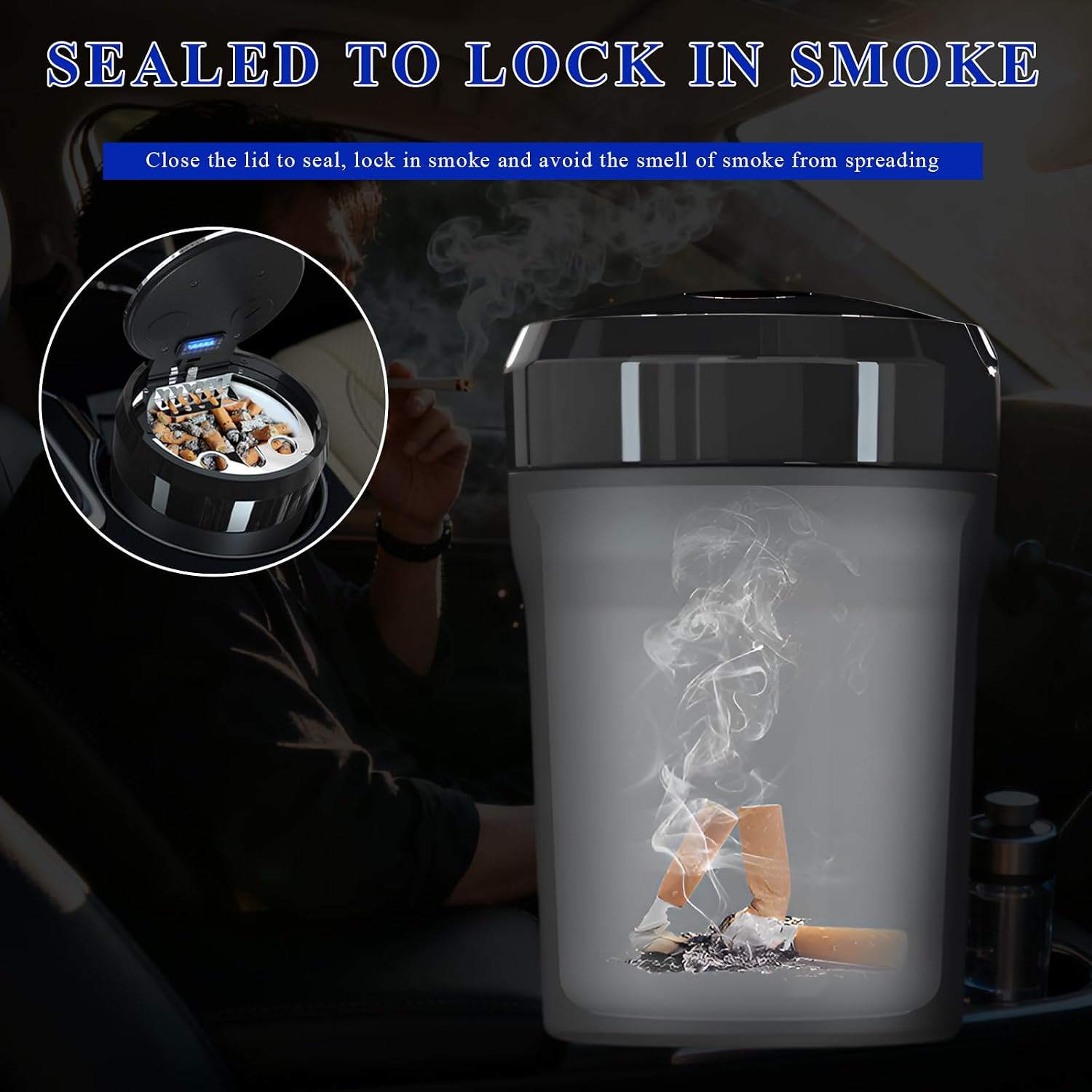 Sun Walker Car Ashtray with Lid, Smokeless Easy Clean Up Cup Holder Ashtray with LED Light, Detachable Smell Proof Ash Tray Cylinder Vehicle Interior Trash Can, Car Accessories (Blue, Large)
