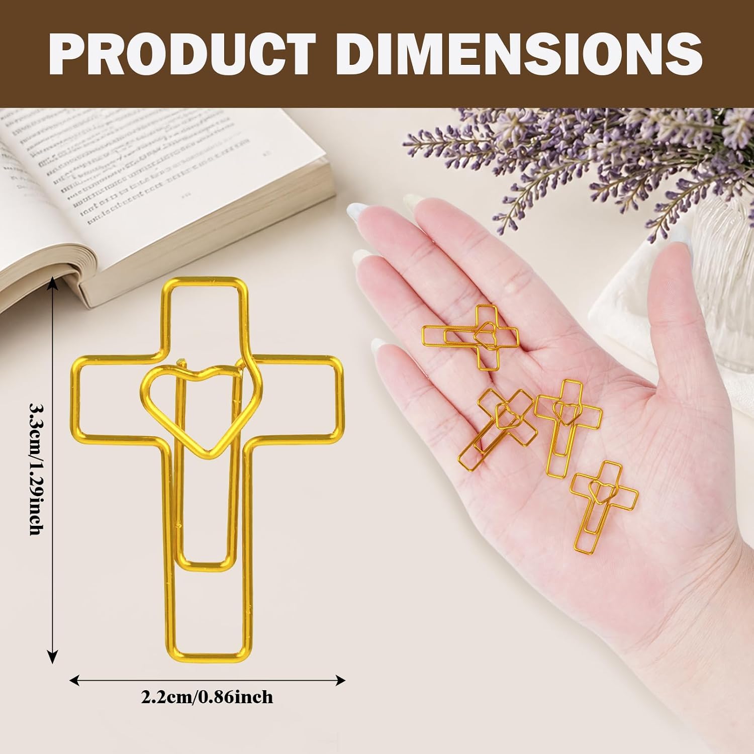 100 Pack Gold Heart Cross Paper Clips, Bible Study Supplies & Christian Gifts for Women, Teacher Appreciation Bookmark Accessories, Easter Basket Stuffers for Adults Office School image 2