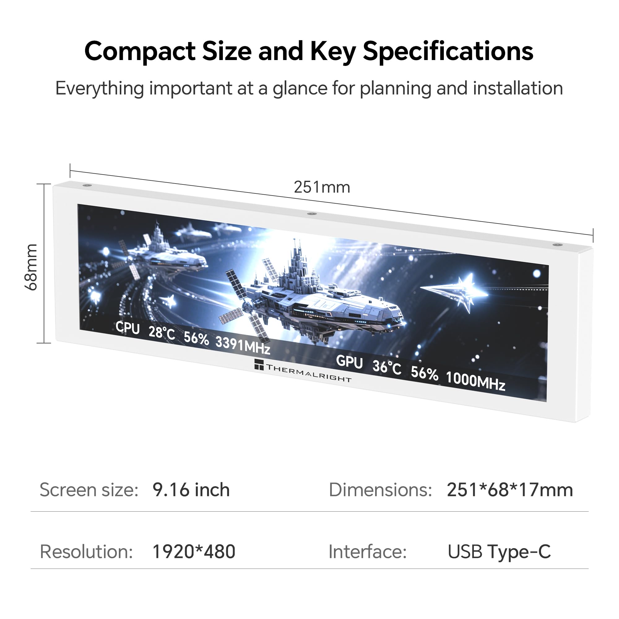Thermalright Trofeo Vision LCD AIO Wyświetlacz 9.16” PC Monitor, Ekran USB Type-C do Monitorowania Sprzętu w Czasie Rzeczywistym, z Predefiniowanymi Tematami dla Gamingowej Obudowy PC/Chłodzenia