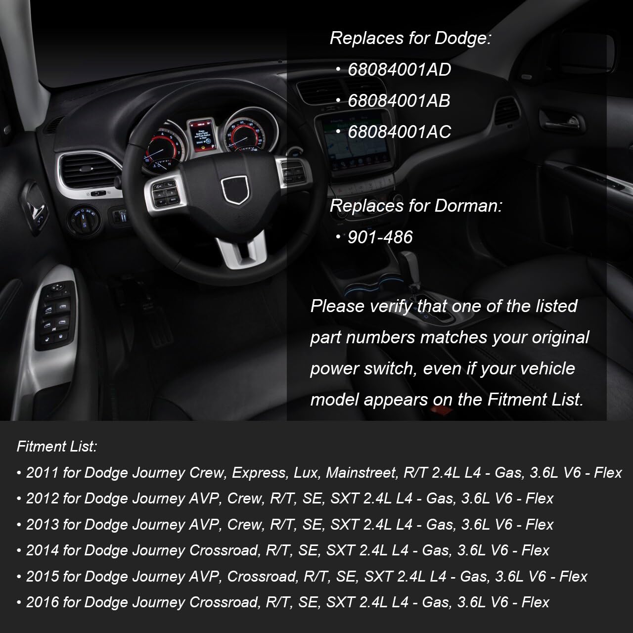 Woodzdon Driver Side Master Power Window Switch 68084001AD for Dodge Journey 2011-2016 Front Left 68084001AB 68084001AC for Dorman 901-486 (8+13 Pins) Single AUTO Direct Replacement Plug and Play