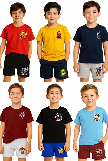 BILLECO Kids T-Shirt & Shorts Set Pack of 6 | Cotton Summer Wear Combo for Boys & Girls (3–12 Years)
