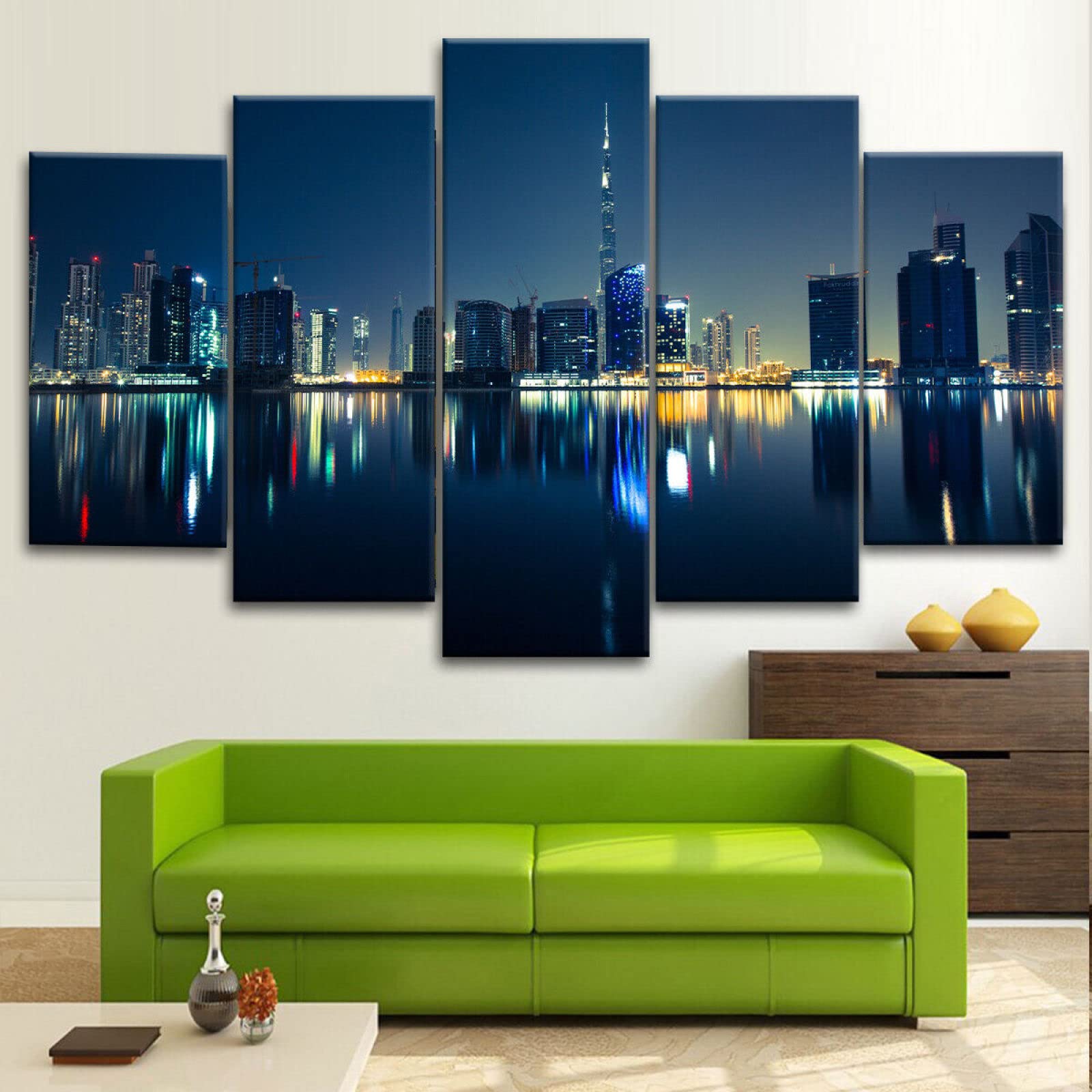 Mit Rahmen Leinwandbild 5 TLG Kunstdruck,Bilder auf Leinwand 5 TLG Vlies Wandbild Dubai City Wunderbare Beleuchtung mit Blick auf den See,Leinwand Gemälde xxl,Tapete,leinwanddrucke,5 Stücke Bilder