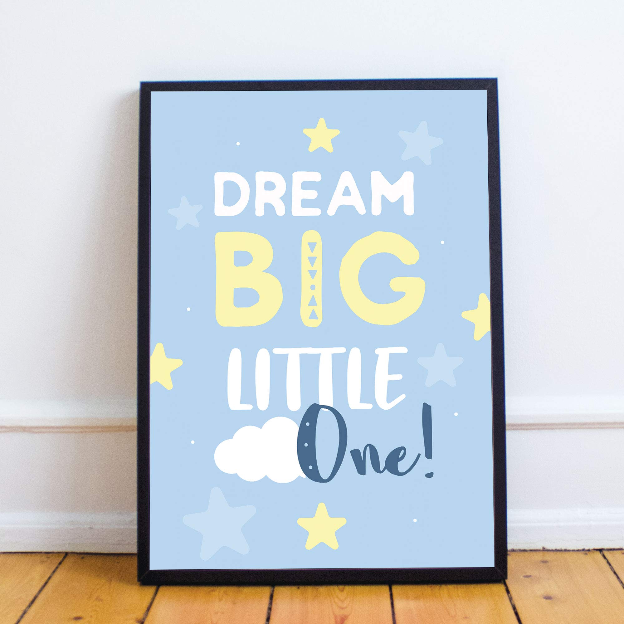 RED OCEAN Blue Nursery Prints/Nursery Room Wall Art Pictures/Baby Boys Room Decor/Bedroom Wall Decorations (A4 Print with Black Frame - Dream Big Little One Blue Stars)