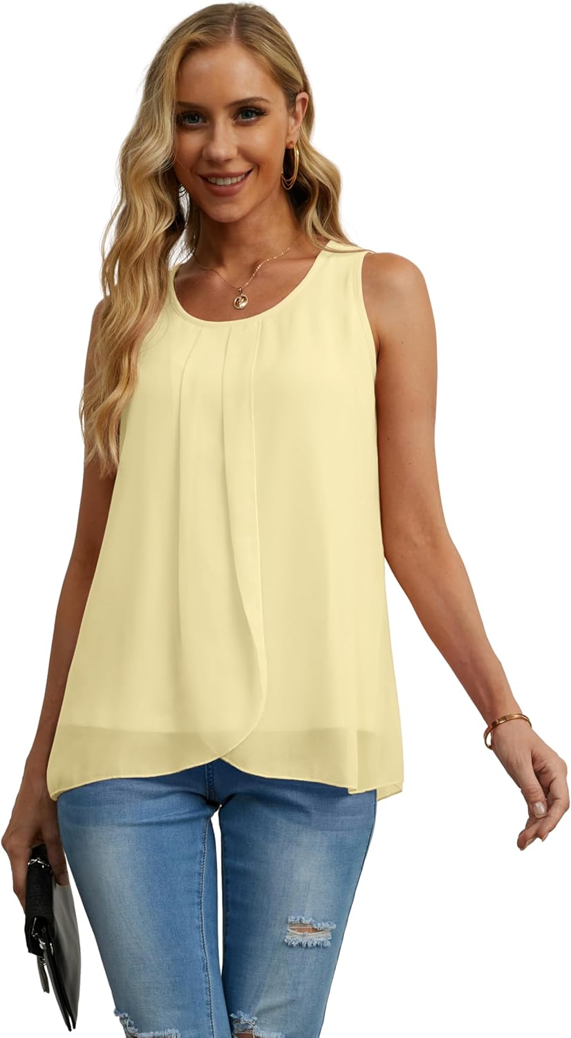 IWOLLENCE Womens Summer Tank Tops Sleeveless Chiffon Double Layers Blouse Loose Round Neck Casual Shirts - Image 4