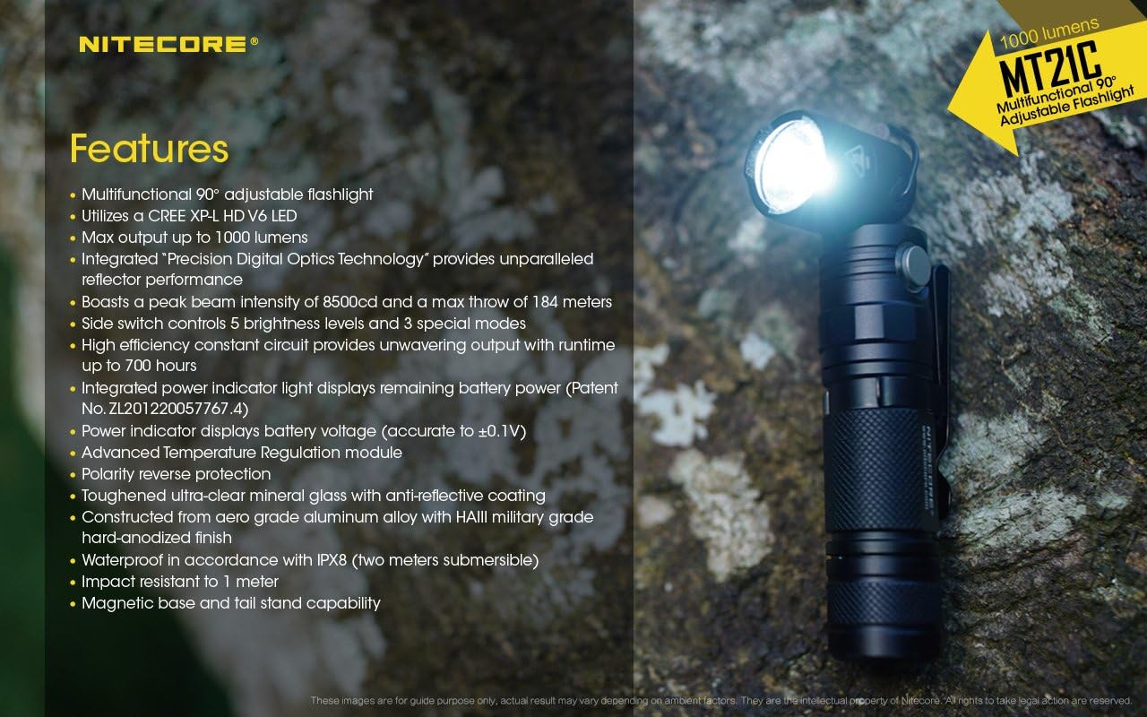 EdisonBright Nitecore MT21C 1000 Lumen 90 Degree Tilt-able Head LED Flashlight with 2 X CR123A Batteries Bundle