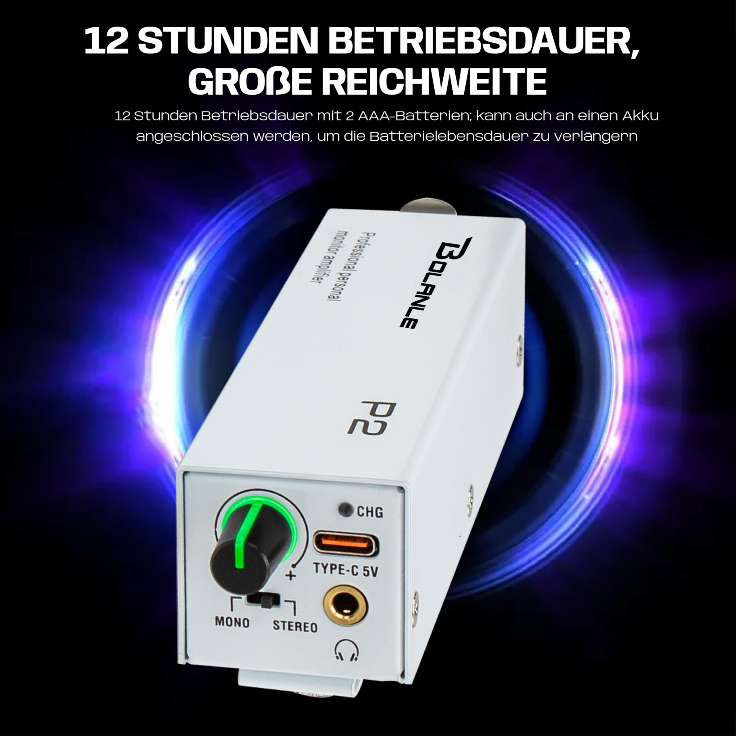 Bolanle P2 PRO In-Ear Monitoring Verstärker USB-C, XLR/TRS Eingang mit Verriegelung, 3,5 mm Ausgang, Stereo/Mono Schalter, 7-Farben LED für Musiker