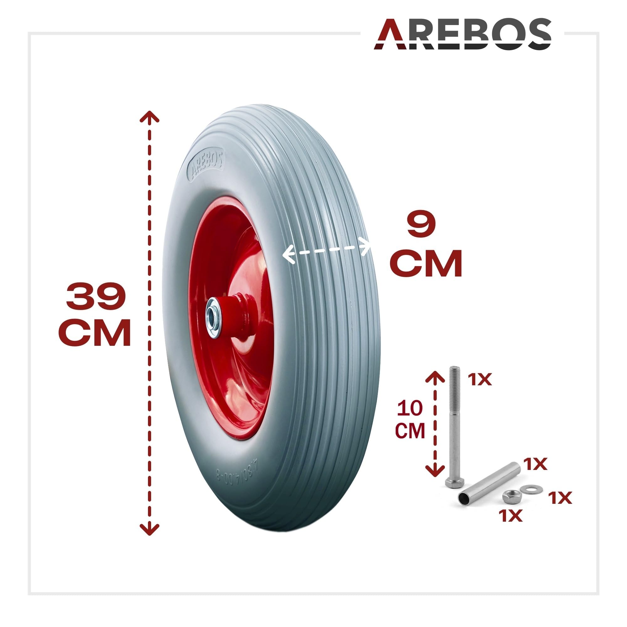 Arebos Schubkarrenrad aus pannensicherem PU Vollgummi Tragkraft 200 kg | Reifen mit Stahlfelge | 4.80/4.00-8 | Ersatzrad Gummirad mit Achse | Schubkarren Rad | Durchmesser 390 mm | Grau