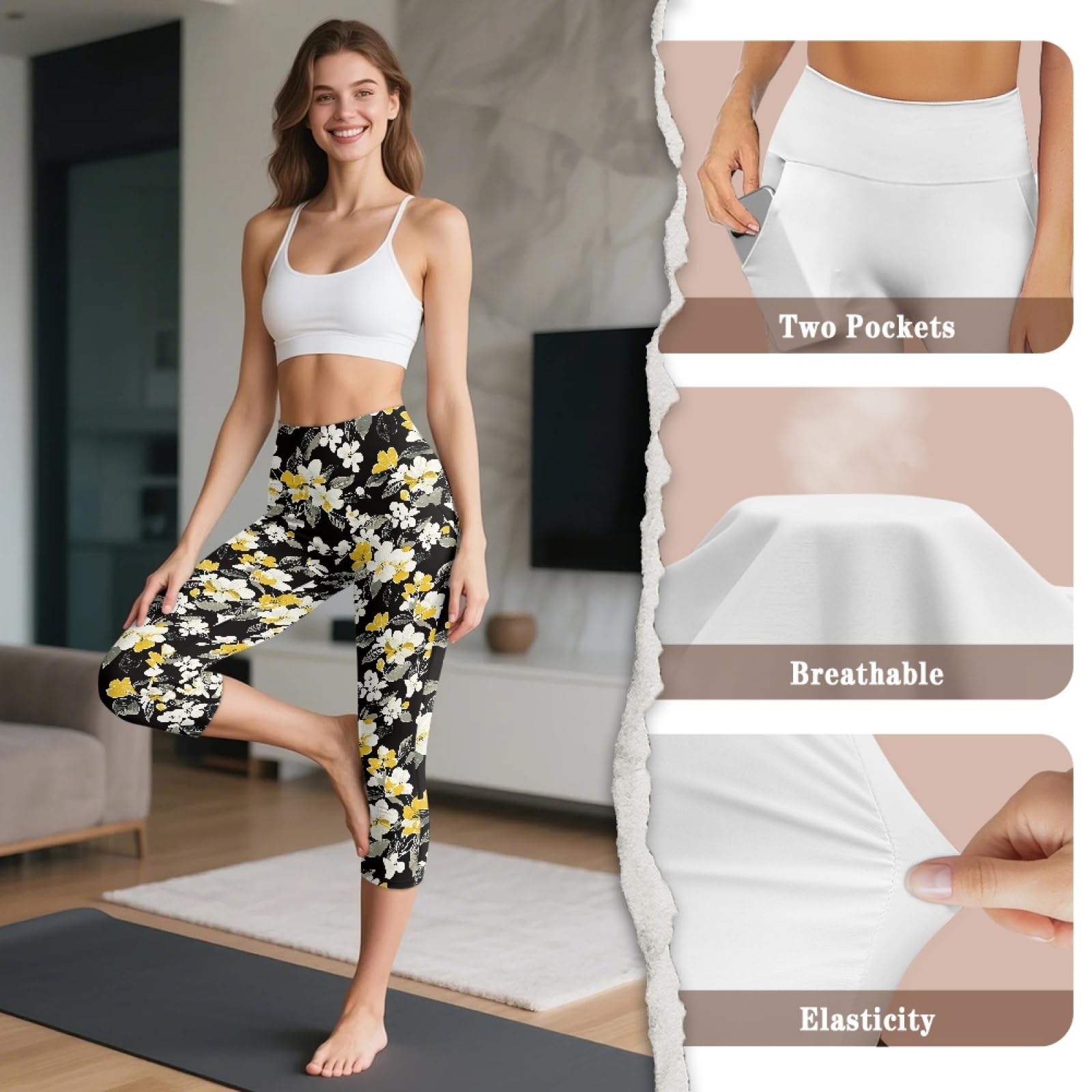Amzbeauty Leggings capri con bolsillos, pantalones recortados, pantalones de yoga para mujer, para correr, entrenamiento, ejercicio físico