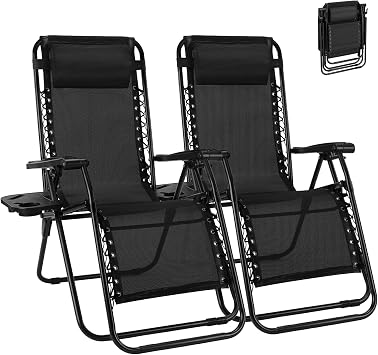 NEWBULIG Zero Gravity Chair Set of 2, Lounge Chair Folding Portable Adjustable Camping Reclining Chairs with Adjustable Pollow, Mesh Back, Cup Holder Trays Lawn Patio Chair for Pool Beach - Black