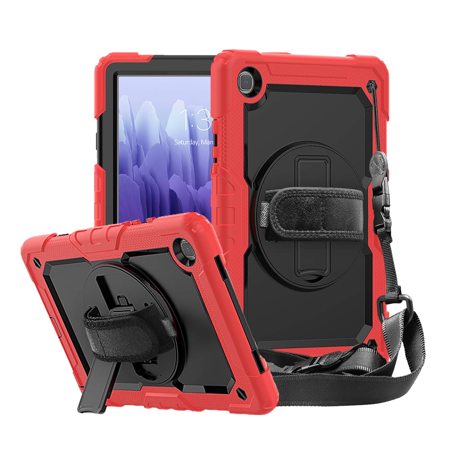 Galaxy Tab A7 2020 Case Heavy Duty Shockproof, CASZONE Samsung Galaxy Tab A7 10.4 Inch Cover with Screen Protector, SM-T500 Stand, SMT505 Hand Strap, SMT507 Shoulder Strap, Red