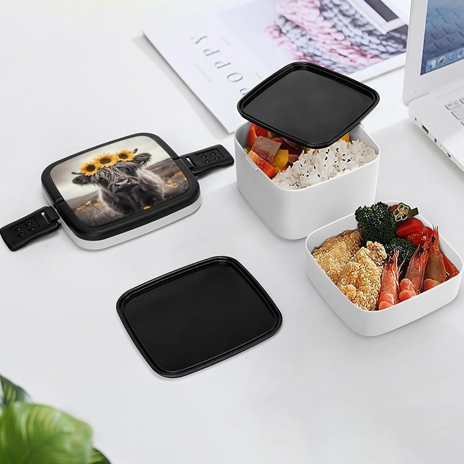 Highland Cow Black And White Bento Box with Spoon 2 Layer Food Container Cute Lunch Box for Travel Dining Work