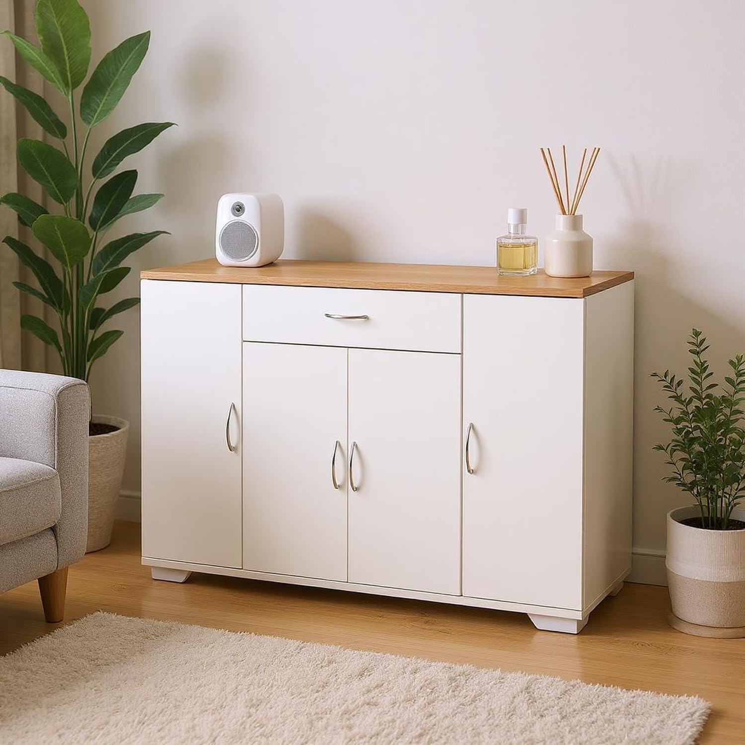 Meuble TV blanc pour salon moderne : meuble gain de place avec grand rangement