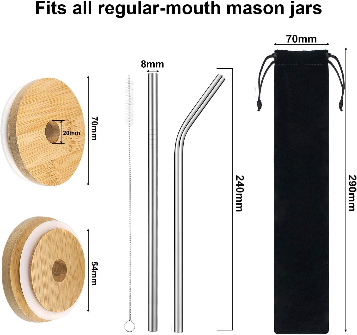 6 Pack Bamboo Lids Mason Jar Lids with Straw Hole 70 mm Regular Mouth Wood Lids for Mason Jars with 4 Pieces Reusable Stainless Steel Straws, Cleaning Brush and Bag (Simple Style)