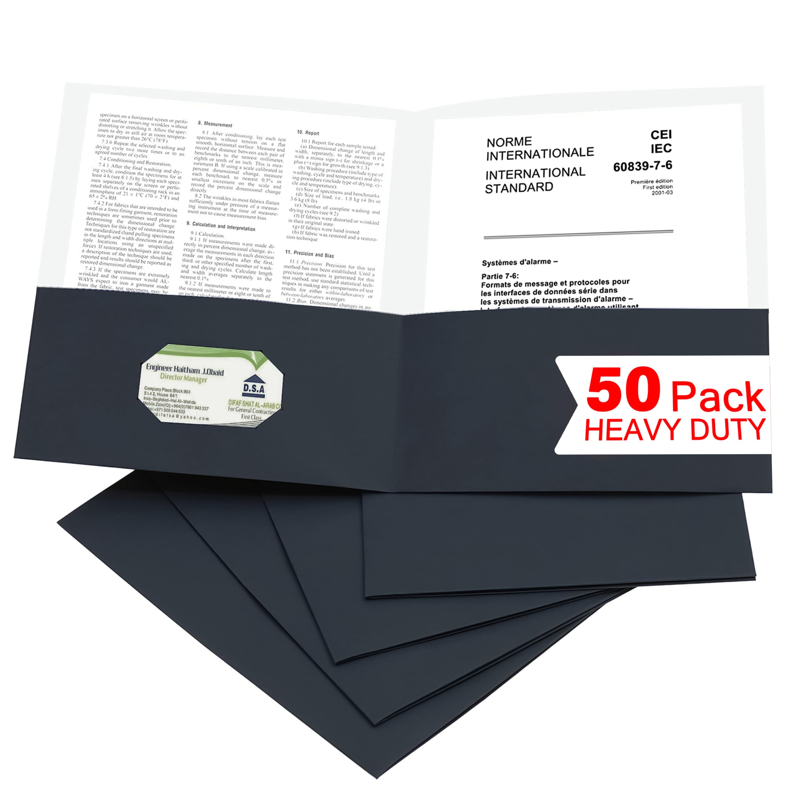 Zzrywuty 50 Packs Two Pocket File Folders with Business Card Slot,Textured Paper,Letter Size,Holds 100 Sheets for School,Office,Business,Black