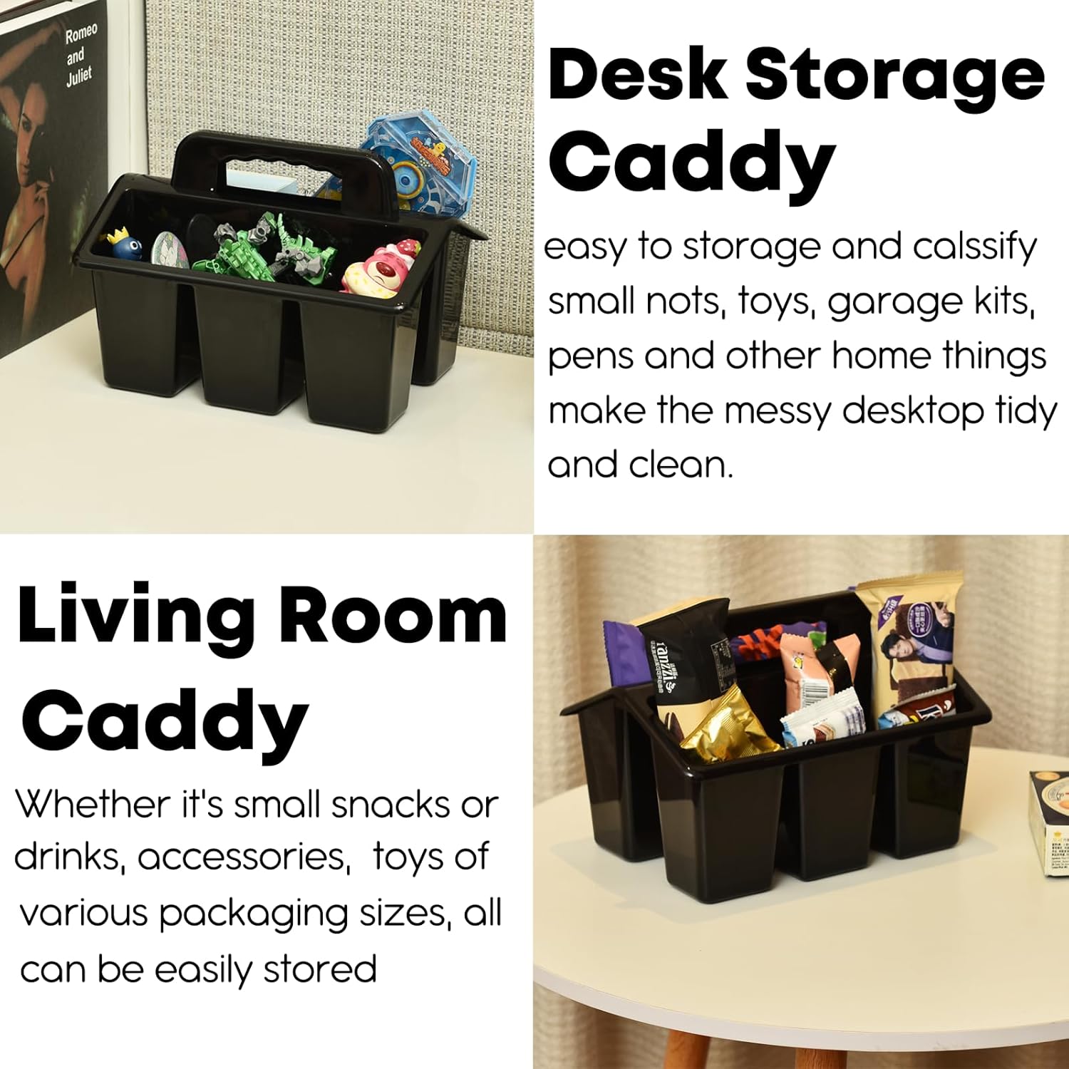 ALINK Classroom Caddy Storage Basket with Handle, 6 Pack Plastic Arts Office Crafts Caddy 4 Compartments for Kids, Pencil, Crayon, Marker, School Supplies - Black