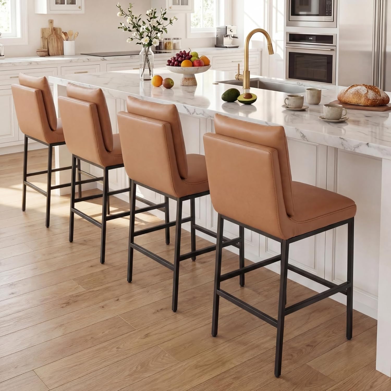 DUOMAY Modern Bar Stools Set of 2, 26.75" Seat Height Counter Height Pub Stools with Metal Legs, PU Leather Upholstered Armless Counter Stools for Kitchen Island Home Bar Dining Room, Brown