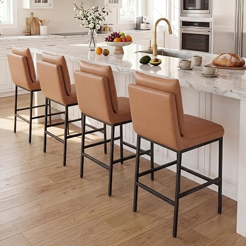 DUOMAY Modern Bar Stools Set of 4, 26.75" Seat Height Counter Height Pub Stools with Metal Legs, PU Leather Upholstered Armless Counter Stools for Kitchen Island Home Bar Dining Room, Brown