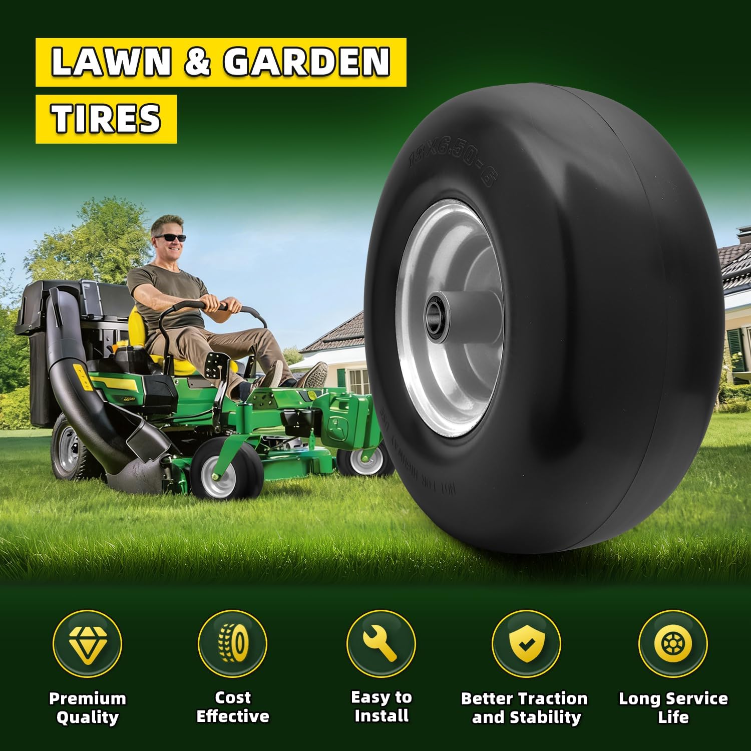 2 PCS 13x6.50-6 Flat Free Lawn Mower Tire and Wheel,13x6.5-6 Solid Smooth Tread Tire for Zero Turn Lawn Mowers Front Tires,with 3/4" & 5/8" & 1/2" Bearings,5.5"-8" Centered Hub