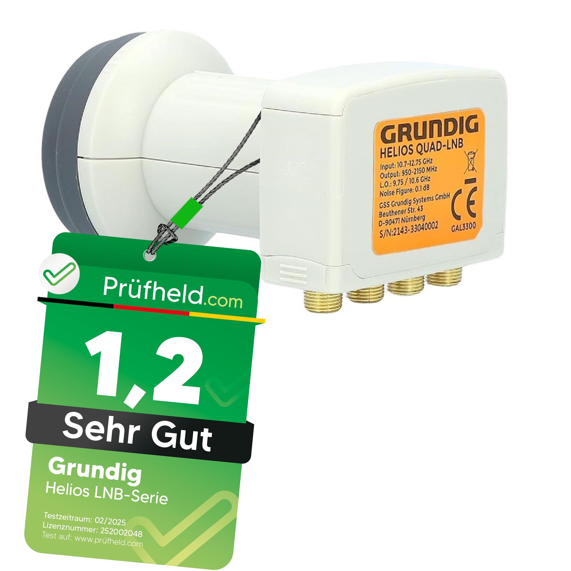 [ Test SEHR GUT, Note 1.2 *] GSS Helios Quad LNB mit LTE Abschirmung & Sun Protect UV Schutz, 4Fach HD 4K LNB für 4 Teilnehmer für Direktanschluss (TV Fernseher, Sat Receiver) LMB für Satelliten