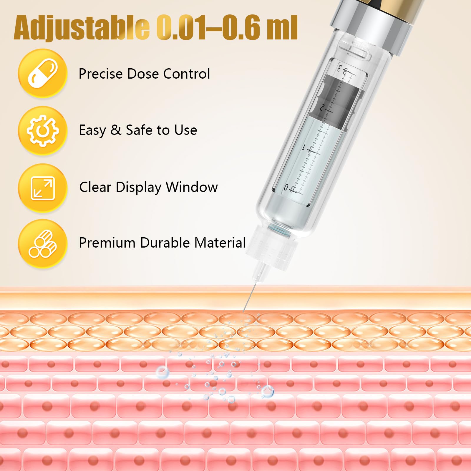 Stylo à Insuline Réutilisable, Stylo Doseur Précis Compatible Avec Cartouches 3 ml, Dosage Exact de 1–60 Unités, Léger et Portable pour un Usage Quotidien, Doré